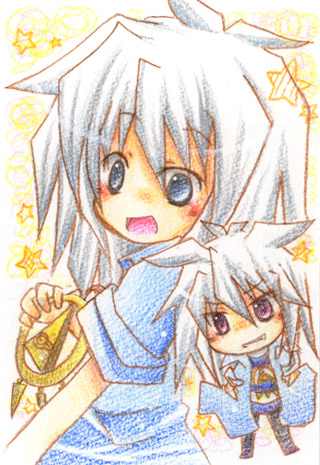 2boys androgynous bad_id bad_pixiv_id bakura_ryou blush chibi lowres multiple_boys white_hair yami_bakura yu-gi-oh! yuu-gi-ou yu-gi-oh!_duel_monsters