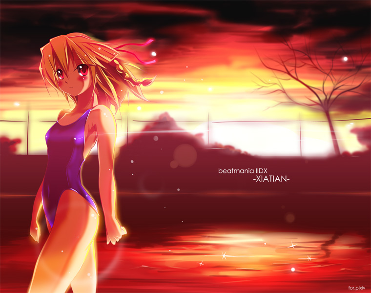 bad_id bad_pixiv_id beatmania_(series) beatmania_iidx bemani blonde_hair braid one-piece_swimsuit red_eyes school_swimsuit short_hair solo sunset swimsuit sys.ao twin_braids water xiatian_(beatmania_iidx)