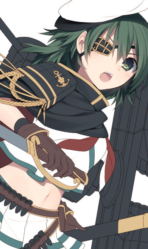 10s 1girl cape cowboy_shot eyepatch female_focus gloves green_eyes green_hair hat hijiri_(resetter) kantai_collection kiso_(kancolle) kiso_kai_ni_(kancolle) looking_at_viewer matching_hair/eyes navel open_mouth ship_turret short_hair simple_background skirt solo standing sword weapon white_background