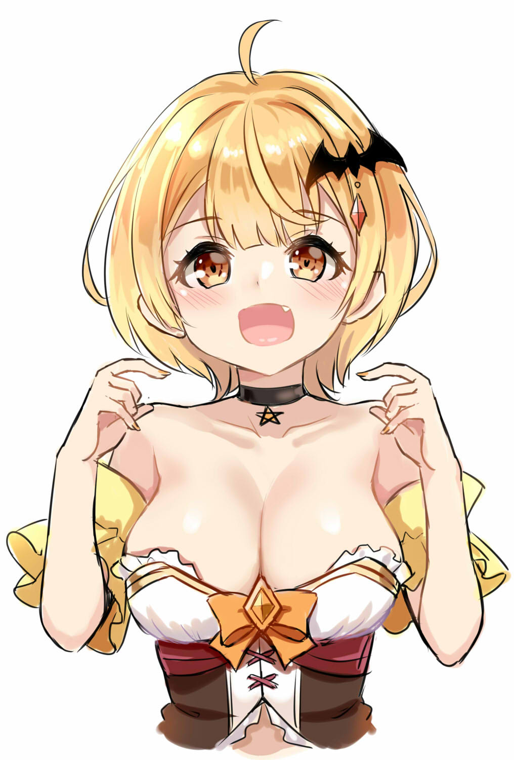 1girl :d ahoge bare_shoulders bat_hair_ornament blonde_hair blush bow breasts brown_eyes chemise choker cleavage collarbone cropped_torso detached_sleeves fang frills front_slit hair_ornament hands_up hexagram highres hololive medium_breasts open_mouth orange_bow revealing_clothes short_hair short_sleeves simple_background smile solo star_of_david strapless underbust unname upper_body vampire virtual_youtuber white_background yellow_sleeves yozora_mel yozora_mel_(1st_costume)