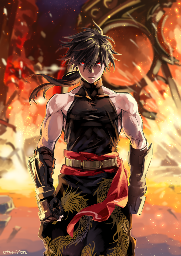 1boy black_hair cannon_dancer gradient_background indesign kirin_(cannon_dancer) long_hair looking_at_viewer male_focus manly muscular red_eyes serious short_hair solo strider_(video_game) toned