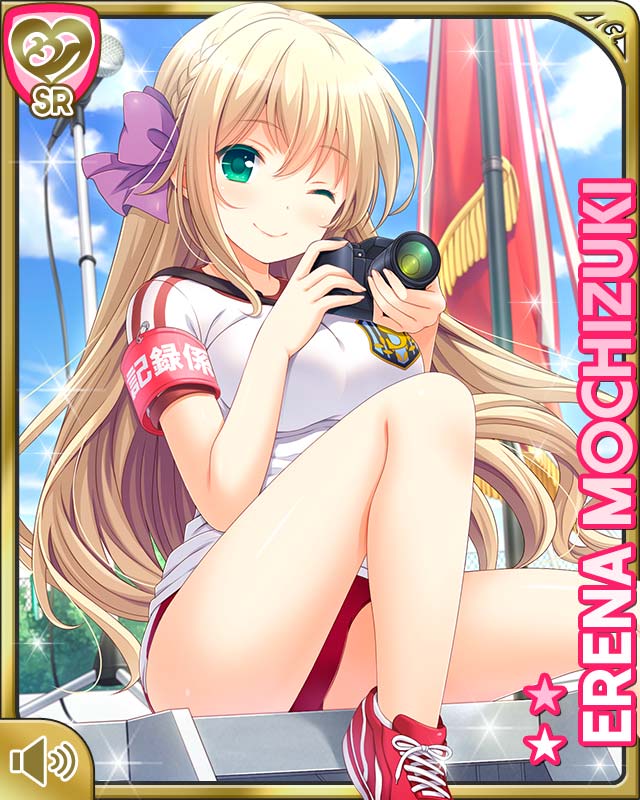 1girl blonde_hair blush braid breasts buruma camera card_(medium) closed_mouth cyberagent day female_focus flag girlfriend_(kari) green_eyes hair_ribbon large_breasts long_hair mochizuki_erena official_art one_eye_closed outdoors qp:flapper red_buruma red_footwear ribbon school_uniform shirt shoes sitting smile sneakers solo tagme white_shirt wink