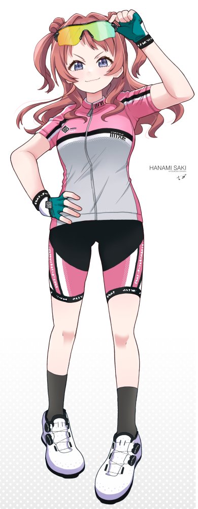 1girl bike_shorts black_socks blue_eyes breasts brown_hair commentary_request double_bun eyewear_on_head fingerless_gloves full_body gakuen_idolmaster gloves green_gloves hair_bun hanami_saki hand_on_own_hip hand_up idolmaster legs long_hair looking_at_viewer medium_breasts pink_shirt shirt short_sleeves sidelocks smile smug socks solo sports_sunglasses sportswear standing sunglasses t3_(t3only) thighs twintails v-shaped_eyebrows white_background white_footwear zipper zipper_pull_tab