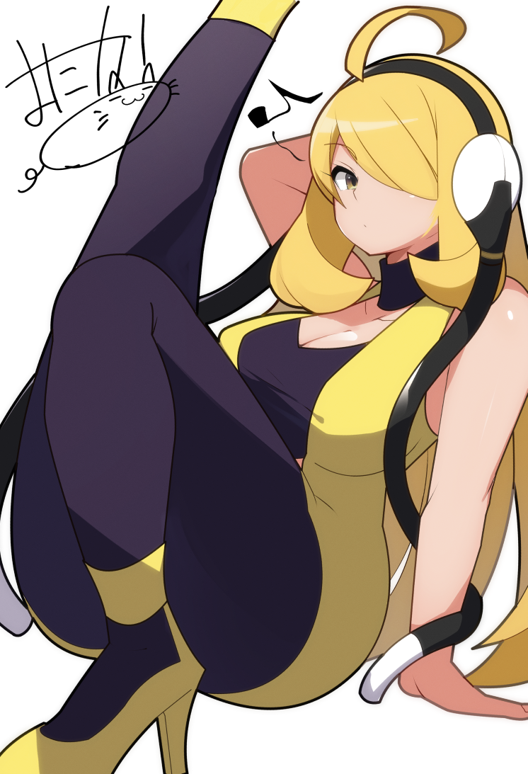 1girl ahoge battery_indicator black_hairband black_pants blonde_hair breasts cable cleavage closed_mouth commentary_request cosplay creatures_(company) cynthia_(pokemon) electrical_outlet elesa_(pokemon) elesa_(pokemon)_(cosplay) game_freak hair_over_one_eye hairband headphones high_heels large_breasts leg_up long_hair looking_at_viewer mituyota_76 musical_note nintendo pants pokemon pokemon_bw pokemon_dppt signature sitting solo spoken_musical_note very_long_hair