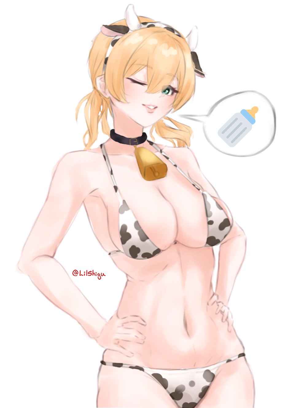 1girl animal_ears animal_print baby_bottle bell bikini blonde_hair blue_eyes bottle breasts cleavage cow_ears cow_horns cow_print cow_print_bikini cow_tail cowbell cowboy_shot fake_animal_ears fake_horns hair_between_eyes hands_in_pockets highres horns kantai_collection large_breasts lilshigu lips low_twintails navel one-hour_drawing_challenge one_eye_closed print_bikini prinz_eugen_(kancolle) simple_background solo speech_bubble swimsuit tail twintails white_background white_bikini