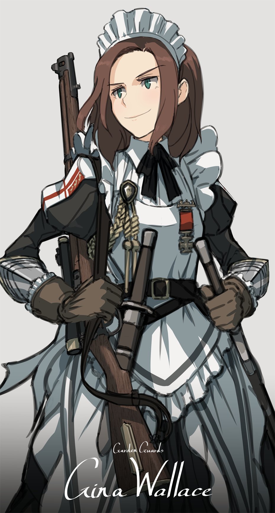 1girl apron armor asterisk_kome bolt_action boots bow brown_hair commentary_request english_text gloves greaves green_eyes gun gun_on_back highres holster holstered lee-enfield maid maid_apron maid_headdress medal original rifle scabbard scope sheath short_hair solo sword text_background weapon weapon_on_back