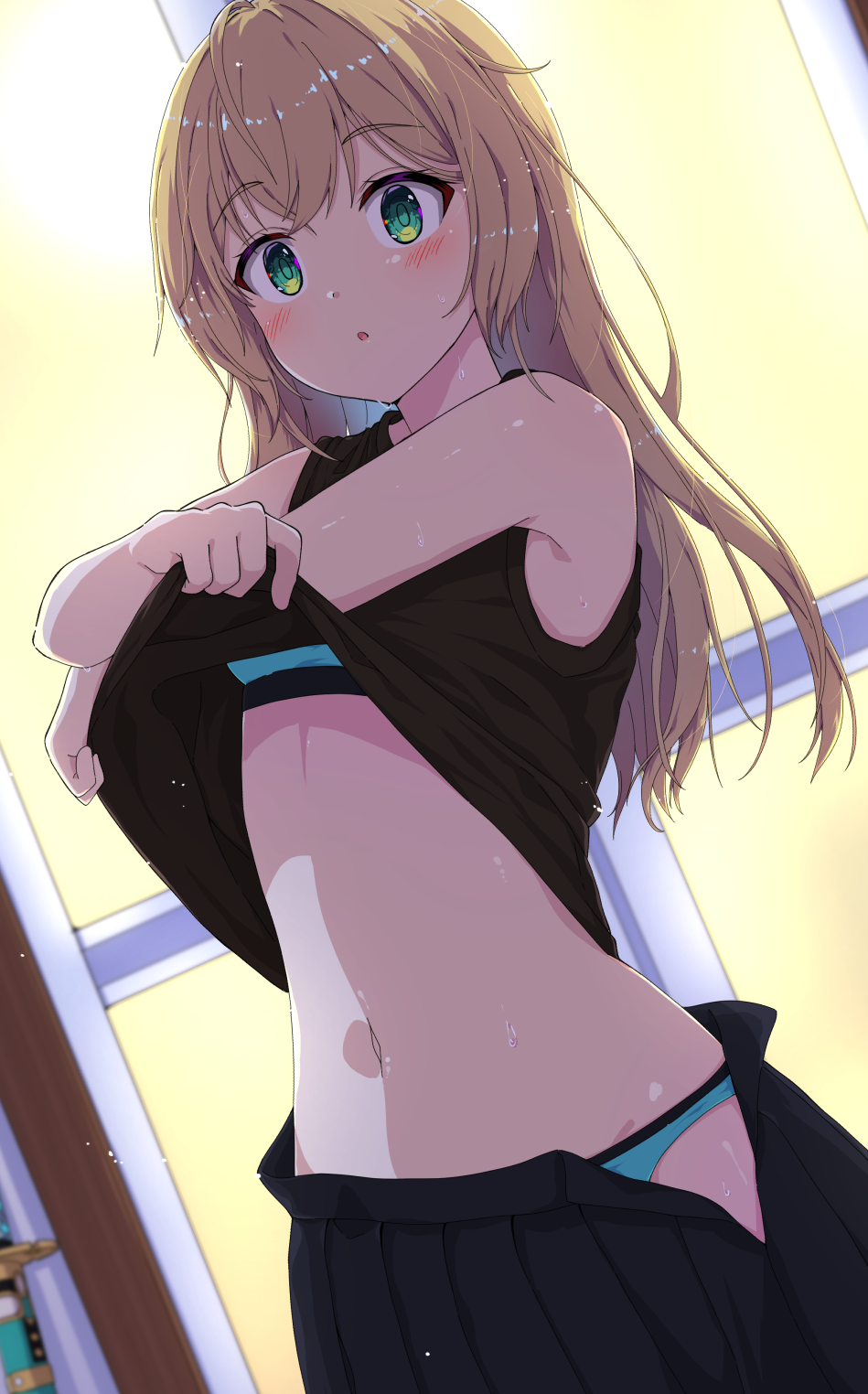 bare_shoulders belly black_skirt blonde_hair blue_bra blue_panties blush bra green_eyes highres hololive indoors kazama_iroha namikawa_kuroha navel open_clothes open_mouth panties partially_undressed skirt underwear undressing virtual_youtuber