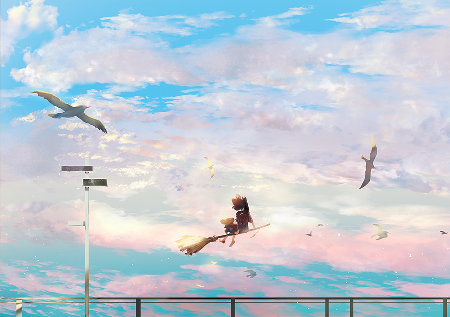 1girl animal animal_on_shoulder barefoot bird black_cat black_dress black_hair blue_sky bow broom broom_riding cat cloud cloudy_sky day dress facing_away flying hair_bow jiji_(majo_no_takkyuubin) kiki_(majo_no_takkyuubin) majo_no_takkyuubin outdoors red_bow say_hana short_hair short_sleeves sitting sky wide_shot