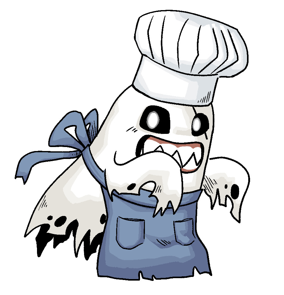 apron bakemon digimon digimon_(creature) looking_at_viewer sharp_teeth simple_background solo teeth white_background