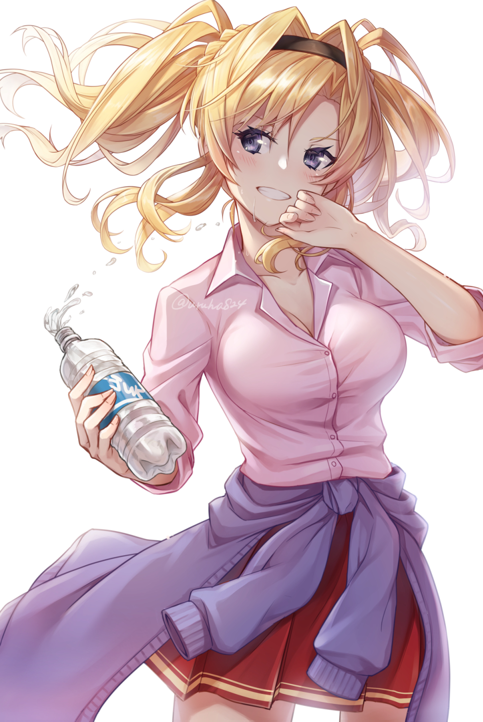 1girl blonde_hair blue_eyes bottle breasts clothes_around_waist granblue_fantasy grin hair_intakes hairband highres large_breasts pleated_skirt skirt smile solo twintails twitter_username uruha_(yw1109) water water_bottle white_background zeta_(granblue_fantasy)