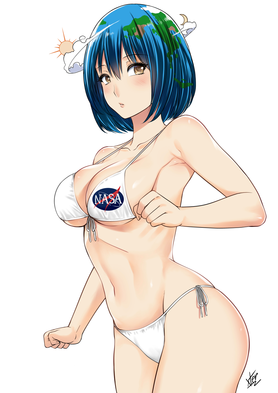 1girl armpits bad_id bad_pixiv_id bare_arms bare_shoulders bikini blue_hair blush breasts brown_eyes cleavage clothes_writing cloud collarbone cowboy_shot crescent_moon earth-chan female_focus green_hair hair_between_eyes highres lips logo looking_at_viewer medium_breasts moon multicolored_hair nasa_logo navel nude_filter_request parted_lips ribbon short_hair side-tie_bikini_bottom signature simple_background skindentation solo standing stomach strap_gap sun swimsuit two-tone_hair underboob white_background white_bikini white_ribbon xter