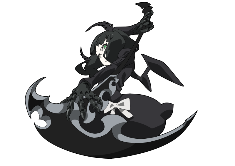 1girl black_dress black_hair black_rock_shooter dead_master dress green_eyes holding holding_scythe horns medium_hair orttbbd pale_skin scythe skeletal_hand solo transparent_background wings