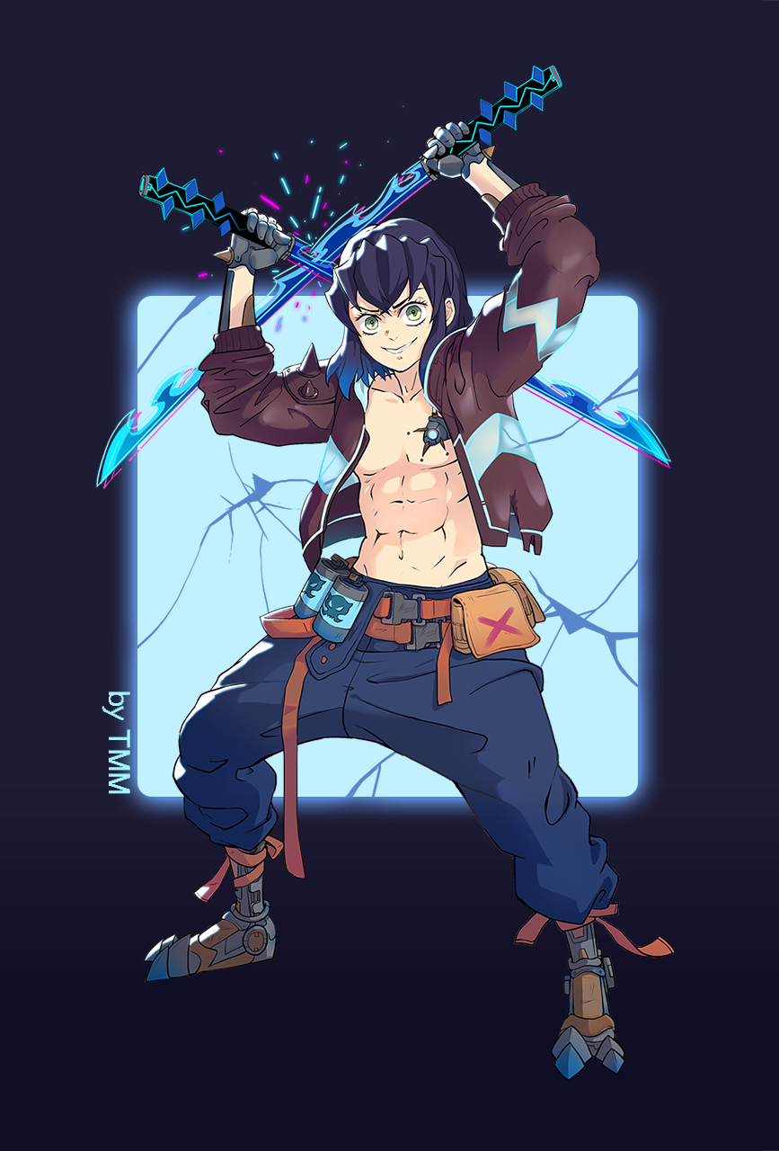 1boy abs artist_name belt blue_hair blue_pants brown_jacket clash crack cyborg dual_wielding explosive fanny_pack fighting_stance full_body gradient_hair green_eyes grenade grin hands_up hashibira_inosuke highres holding holding_sword holding_weapon jacket kimetsu_no_yaiba legs_apart long_sleeves looking_at_viewer lulu_yang male_focus mechanical_hands mechanical_legs mechabare multicolored_hair navel no_mask open_clothes open_jacket pants pectorals science_fiction see-through_clothes short_hair smile solo spikes standing sword weapon