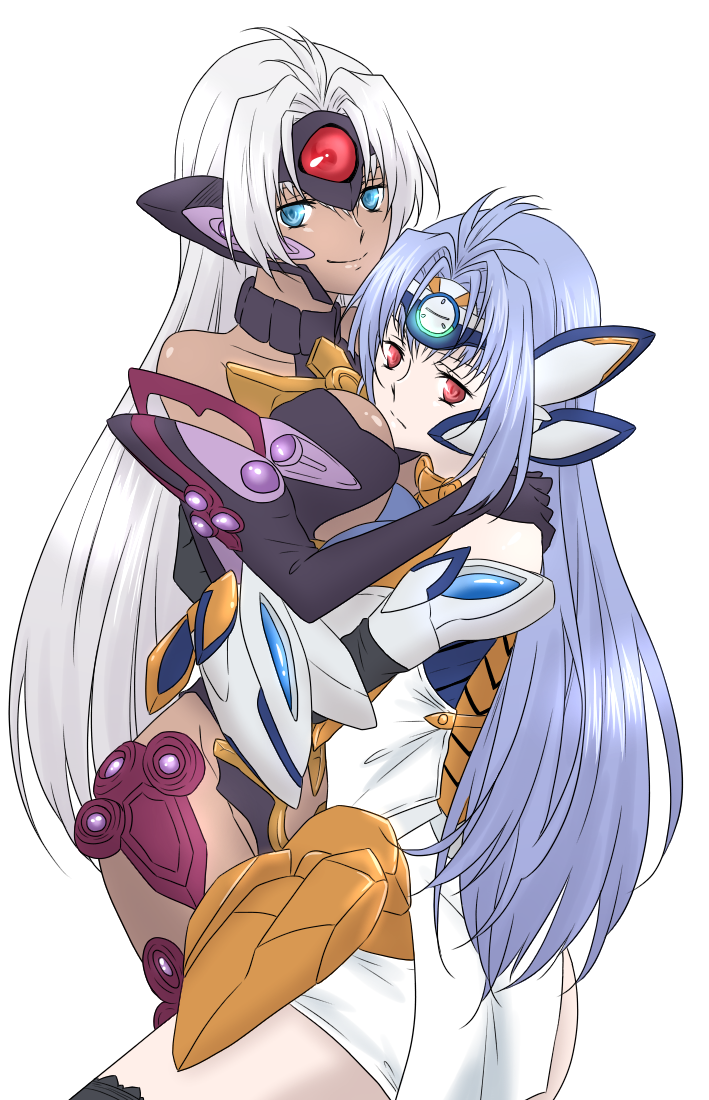 00s 2girls armor bad_id bad_pixiv_id bare_shoulders blue_eyes blue_hair headgear hug kos-mos kos-mos_ver._4 long_hair looking_at_viewer multiple_girls red_eyes smile t-elos udon_(shiratama) white_hair xenosaga xenosaga_episode_iii yuri