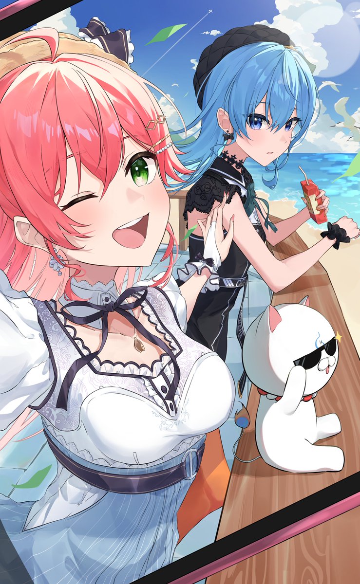 2girls 35p_(sakura_miko) agoberos ahoge apple_juice beach belt beret bird black_belt black_dress blue_eyes blue_hair blue_sky blush bow bow_earrings breasts choker detached_collar dress drink earrings flower_earrings green_eyes hair_ornament hairclip hat highres holding holding_drink hololive hoshimachi_suisei hoshimachi_suisei_(casual) jewelry juice lace lace_choker large_breasts multiple_girls neck_ribbon necklace ocean official_alternate_costume one_eye_closed open_mouth orange_pantyhose pantyhose pink_hair pleated_dress pleated_skirt ribbon sakura_miko sakura_miko_(street) scrunchie selfie sitting skirt sky smile straw_hat sunglasses virtual_youtuber wing_collar wrist_scrunchie