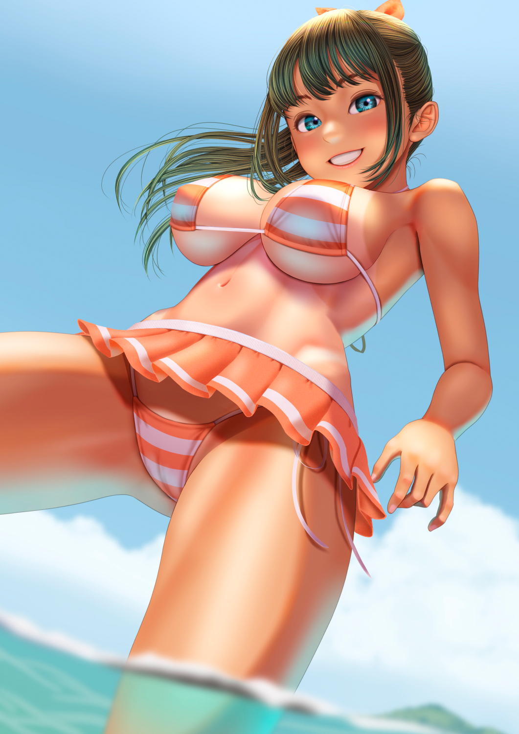 1girl bikini blue_eyes blue_sky bow breasts brown_hair cameltoe cloud commentary commentary_request english_commentary from_below hair_bow highres large_breasts long_hair looking_at_viewer miniskirt mixed-language_commentary oppai_loli original outdoors panties pleated_skirt ponytail skirt sky smile solo stomach striped_bikini striped_clothes striped_panties swimsuit tan tanline teeth underwear upskirt uzuki_mei wading water