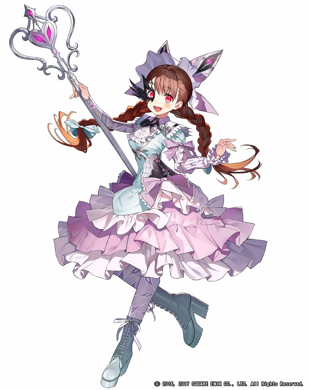 1girl boots braid breasts brown_hair chaos_dorothy_(grimms_notes) copyright_notice cross-laced_footwear dress eye_mask frills full_body gaou_(umaiyo_puyoman) grimms_notes high_heel_boots high_heels highres holding holding_wand holding_weapon lace-up_boots long_hair official_art open_mouth pink_dress red_eyes simple_background smile solo teeth twin_braids upper_teeth_only wand weapon white_background