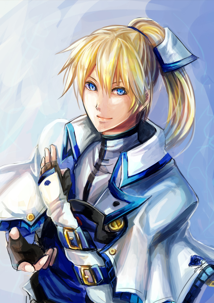 1boy blonde_hair blue_eyes capelet fingerless_gloves gloves guilty_gear guilty_gear_xrd ky_kiske ponytail shinrin_kusaba smile