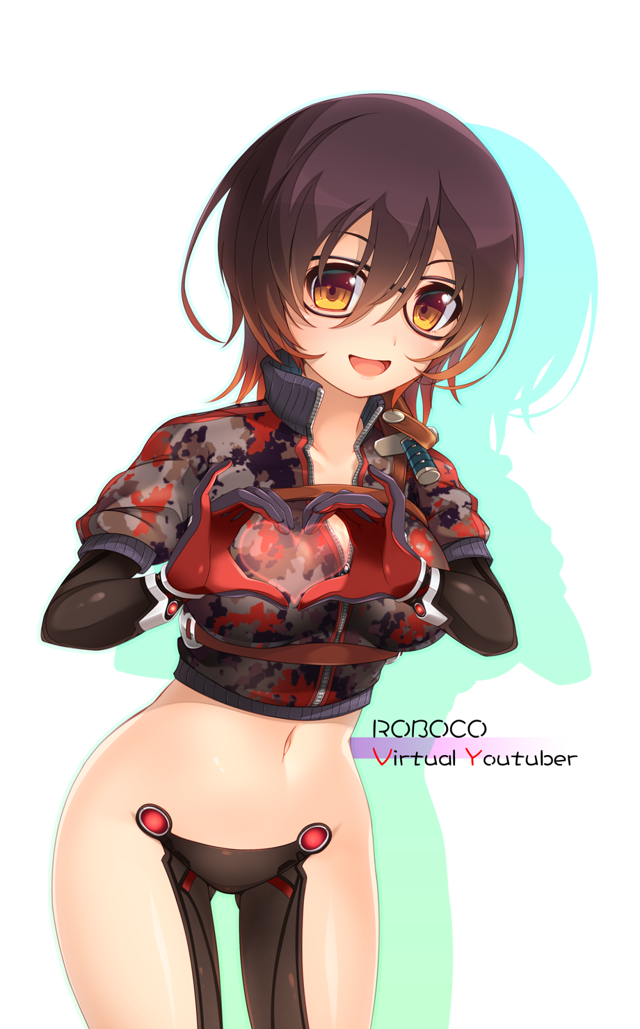 1girl bad_id bad_pixiv_id black-framed_eyewear blush breasts brown_eyes brown_hair camouflage character_name female_focus glasses heart heart_hands highres hololive large_breasts looking_at_viewer mechanical_arms navel open_mouth red_hair roboco-san roboco-san_(1st_costume) short_hair short_sleeves smile solo tebukuro unzipped virtual_youtuber zipper