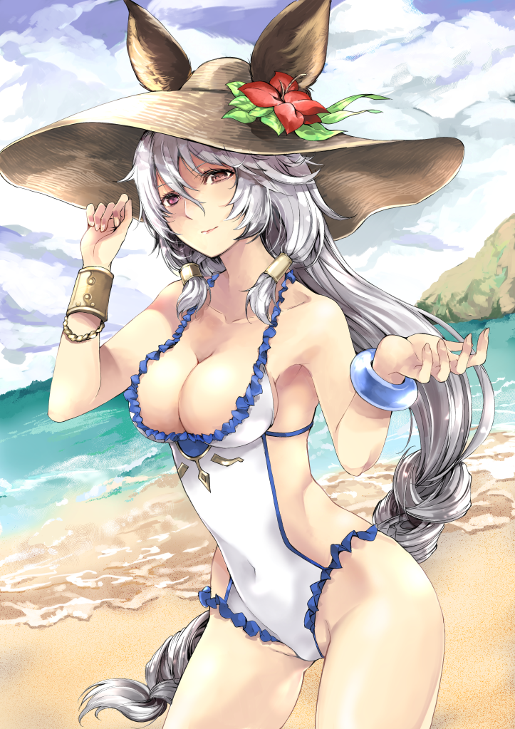 10s 1girl animal_ears atoshi bad_id bad_pixiv_id bare_shoulders bracelet breasts brown_hat cleavage closed_mouth cloud cloudy_sky collarbone covered_navel cowboy_shot day ears_through_headwear erune female_focus flower frilled_swimsuit frills granblue_fantasy hair_between_eyes hair_tubes hat hat_flower heles heles_(summer)_(granblue_fantasy) heterochromia hibiscus horizon jewelry long_hair looking_at_viewer medium_breasts ocean one-piece_swimsuit orange_eyes outdoors red_eyes rock sand shore silver_hair sky smile solo standing sun_hat swimsuit very_long_hair water waves white_one-piece_swimsuit