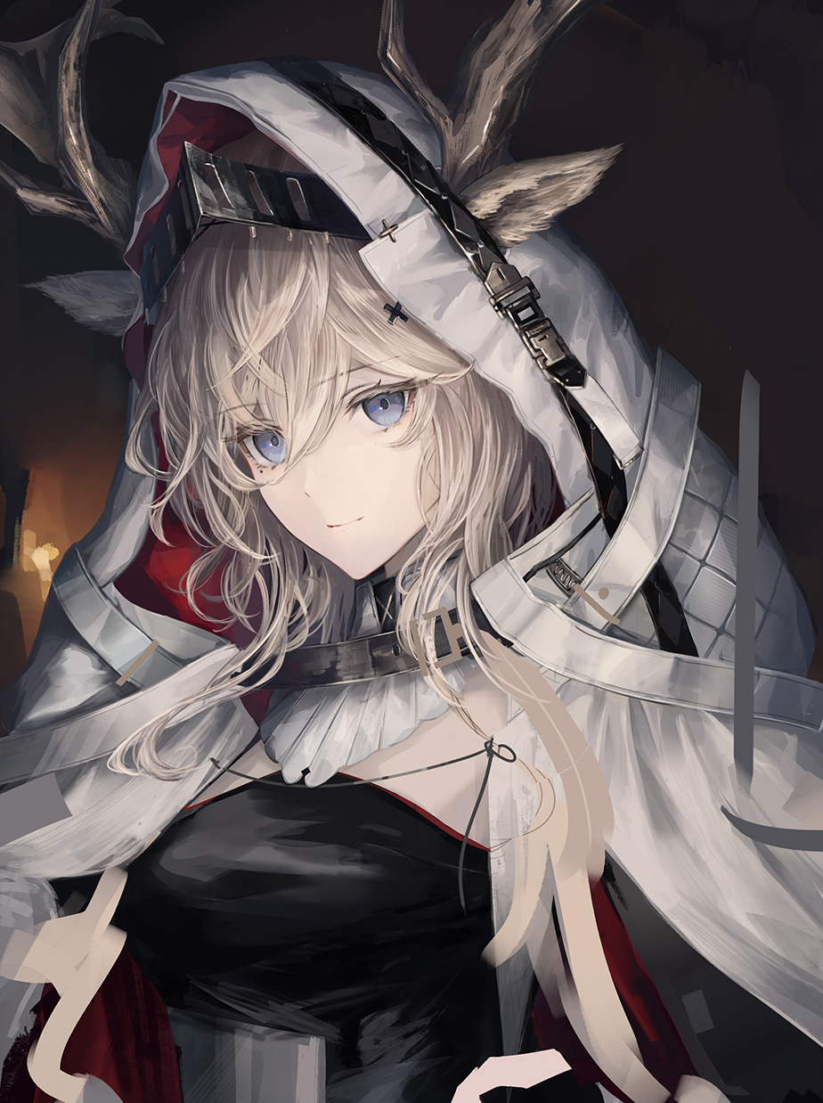 1girl animal_ears antlers antlers_through_headwear arknights belt black_belt blonde_hair blue_eyes breasts cape deer_antlers deer_ears deer_girl dress hair_between_eyes highres holding hood hood_up hooded_cape hoodie horns large_breasts long_hair looking_at_viewer moose_(moosu193) solo unfinished very_long_hair viviana_(arknights) white_hoodie