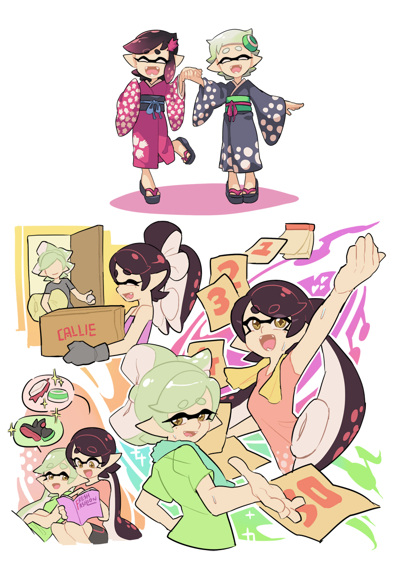 +_+ 2girls aged_down bike_shorts black_kimono black_shorts box brown_eyes callie_(splatoon) casual character_name closed_eyes comic cousins english_text fangs gomipomi green_shirt holding_hands inkling japanese_clothes kimono long_hair looking_back marie_(splatoon) mask multiple_girls nintendo open_mouth oven_mitts purple_kimono purple_shirt sandals shirt short_hair shorts silent_comic single_vertical_stripe sitting smile standing standing_on_one_leg sweat t-shirt tentacle_hair