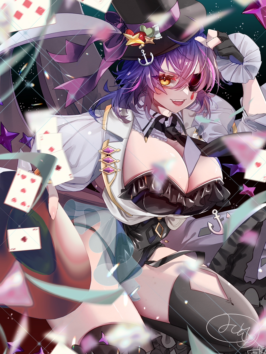 1girl ace_(playing_card) ace_of_clubs alternate_costume anchor_ornament black_gloves black_hat black_leotard black_necktie black_thighhighs breasts cape card club_(shape) eyepatch five_of_hearts frilled_leotard frills gloves hat highres kantai_collection large_breasts leotard magician mizoredama1 necktie open_mouth partially_fingerless_gloves playing_card purple_eyes short_hair smile solo strapless strapless_leotard teeth tenryuu_(kancolle) thighhighs top_hat two_of_clubs upper_teeth_only white_cape yellow_eyes