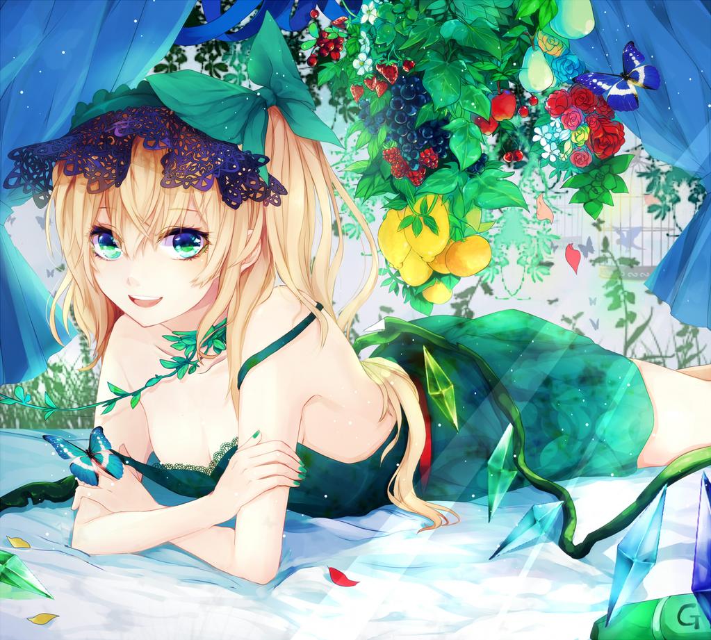 1girl alternate_color alternate_costume apple arm_support bad_id bad_twitter_id bare_shoulders bed_sheet bird birdcage blonde_hair bow bug butterfly cage cherry crossed_arms curtains daimaou_ruaeru dress female_focus flandre_scarlet flower food fruit grapes green_eyes green_nails hat headdress insect lace lemon light_particles light_rays long_hair looking_at_viewer lying nail_polish no_headwear on_stomach open_mouth pear petals plant raspberry red_flower red_rose rose sash short_hair sleeveless sleeveless_dress smile solo strap_slip strawberry strawberry_blossoms sunbeam sunlight touhou wings