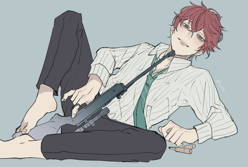 bags_under_eyes barefoot bullet collared_shirt crossed_bangs dress_pants finger_on_trigger flat_color green_eyes green_highlights green_necktie grey_background gun gun_to_head holding holding_gun holding_weapon hypnosis_mic imminent_suicide kannonzaka_doppo loose_necktie lying male_focus messy_hair multicolored_hair necktie on_side pale_skin parted_lips partially_unbuttoned red_eyes rifle salaryman shirt shirt_tucked_in smirk spread_legs streaked_hair striped_clothes striped_shirt vertical-striped_clothes vertical-striped_shirt wata_i weapon white_shirt