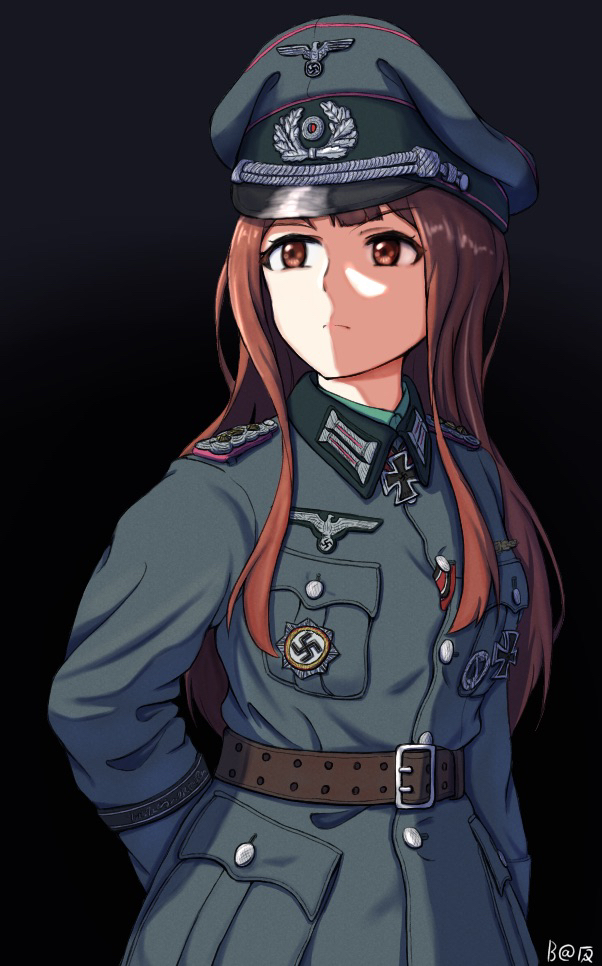 1girl bag1945 belt black_background brown_eyes brown_hair collar_tabs commentary_request cross hat idolmaster idolmaster_million_live! iron_cross jacket long_hair looking_to_the_side military_uniform nazi peaked_cap reichsadler solo ss_insignia swastika tanaka_kotoha waffen-ss