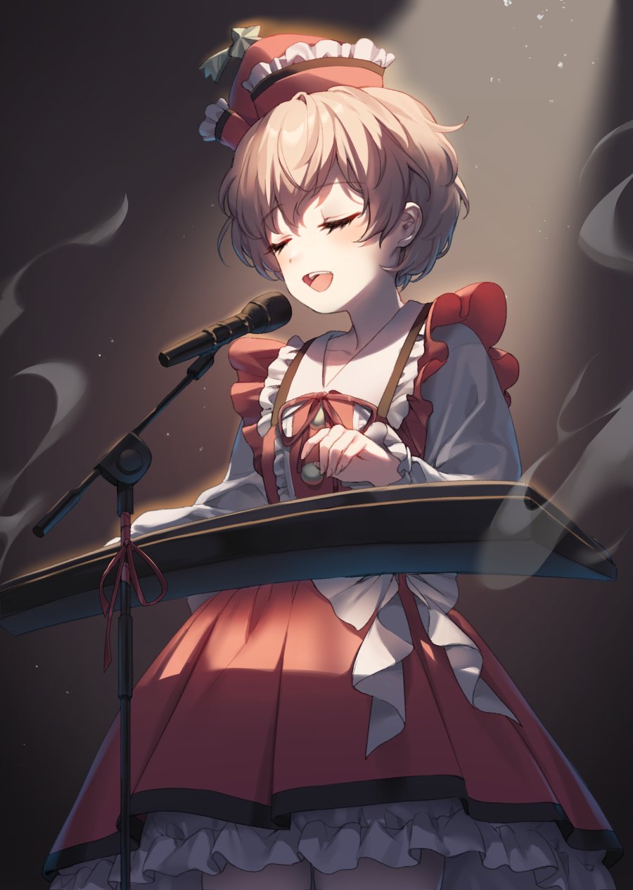 1girl bow breasts brown_background brown_hair buttons closed_eyes collar collared_shirt dress frills hair_between_eyes hajin hands_up hat highres instrument light long_sleeves lyrica_prismriver medium_breasts microphone microphone_stand music open_mouth piano playing_instrument red_bow red_dress red_hat shadow shirt short_hair simple_background singing smile solo standing star_(symbol) teeth tongue touhou white_bow white_shirt