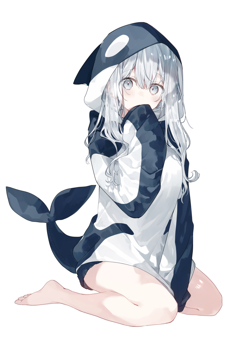 1girl animal_hood barefoot black_shorts blush breasts cetacean_tail covering_own_mouth double-parted_bangs fake_tail fins fish_tail fuyukawa_kagari grey_eyes hair_between_eyes hakanai_kimi_wa_moukou_wo_hajimeru hand_over_own_mouth hood kazutake_hazano large_breasts long_hair long_sleeves open_mouth orca_hood short_shorts shorts sidelocks sitting sleeves_past_fingers sleeves_past_wrists solo tail toes wariza white_hair wide-eyed