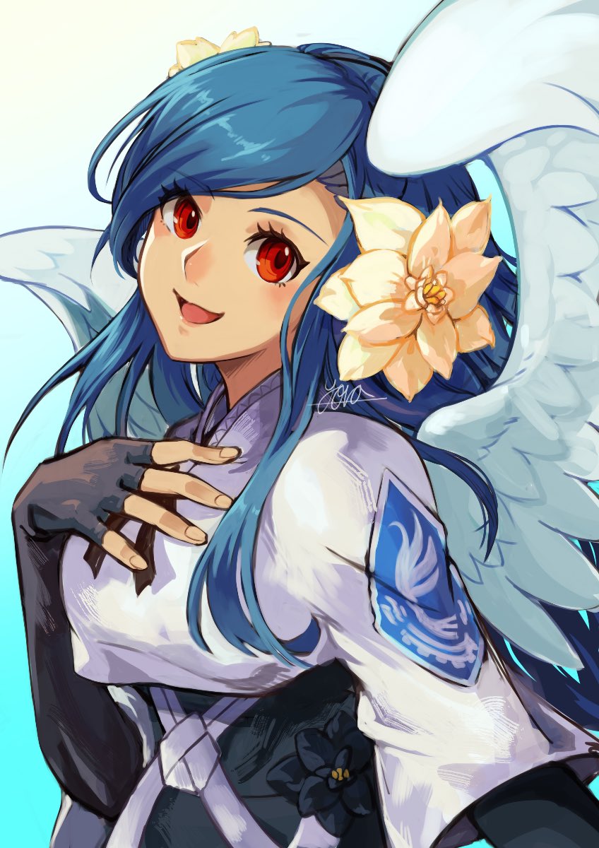 1girl blue_hair dizzy_(guilty_gear) elbow_gloves feathered_wings fingerless_gloves flower gloves guilty_gear guilty_gear_strive hair_flower hair_ornament highres long_hair looking_at_viewer queen_dizzy red_eyes smile solo upper_body wings yora