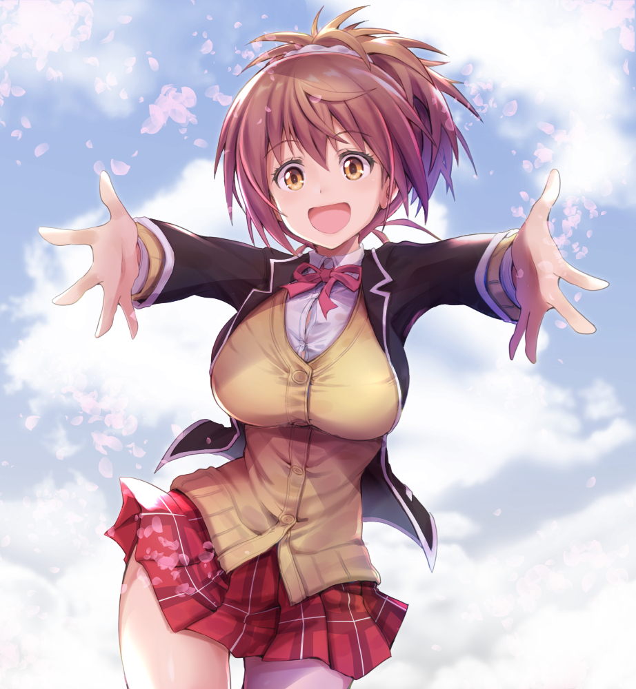 1girl asahi_(fullmetal_madness) black_jacket blazer breasts brown_cardigan brown_eyes brown_hair cardigan cloud cloudy_sky hair_between_eyes hair_ornament hair_scrunchie jacket large_breasts long_sleeves looking_at_viewer open_clothes open_jacket open_mouth original outdoors ponytail red_ribbon ribbon school_uniform scrunchie skirt sky smile solo white_scrunchie