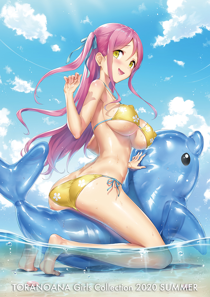 1girl :d ass bare_shoulders bikini blush breasts comiket_98 day hair_between_eyes hair_ribbon halterneck hand_up hisasi large_breasts long_hair looking_at_viewer open_mouth outdoors pink_hair ribbon shiny_skin side-tie_bikini_bottom sidelocks smile solo straddling string_bikini swimsuit thighs wet yellow_bikini yellow_eyes