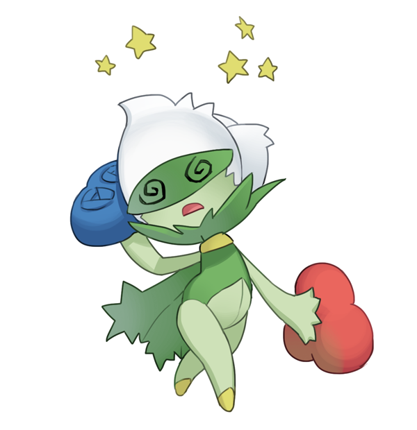 @_@ creatures_(company) dizzy flower full_body game_freak gen_4_pokemon nintendo open_mouth pokemon pokemon_(creature) rose roserade seeing_stars simple_background solo star_(symbol) tosx white_background white_hair