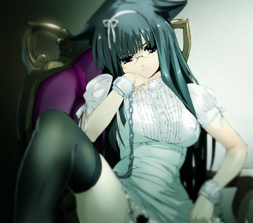 1girl animal_ears black_hair cat_ears chair dress expressionless female_pubic_hair glasses hair_ribbon long_hair lowres mamecchi neko_no_wakusei original pubic_hair purple_eyes ribbon sitting thighhighs