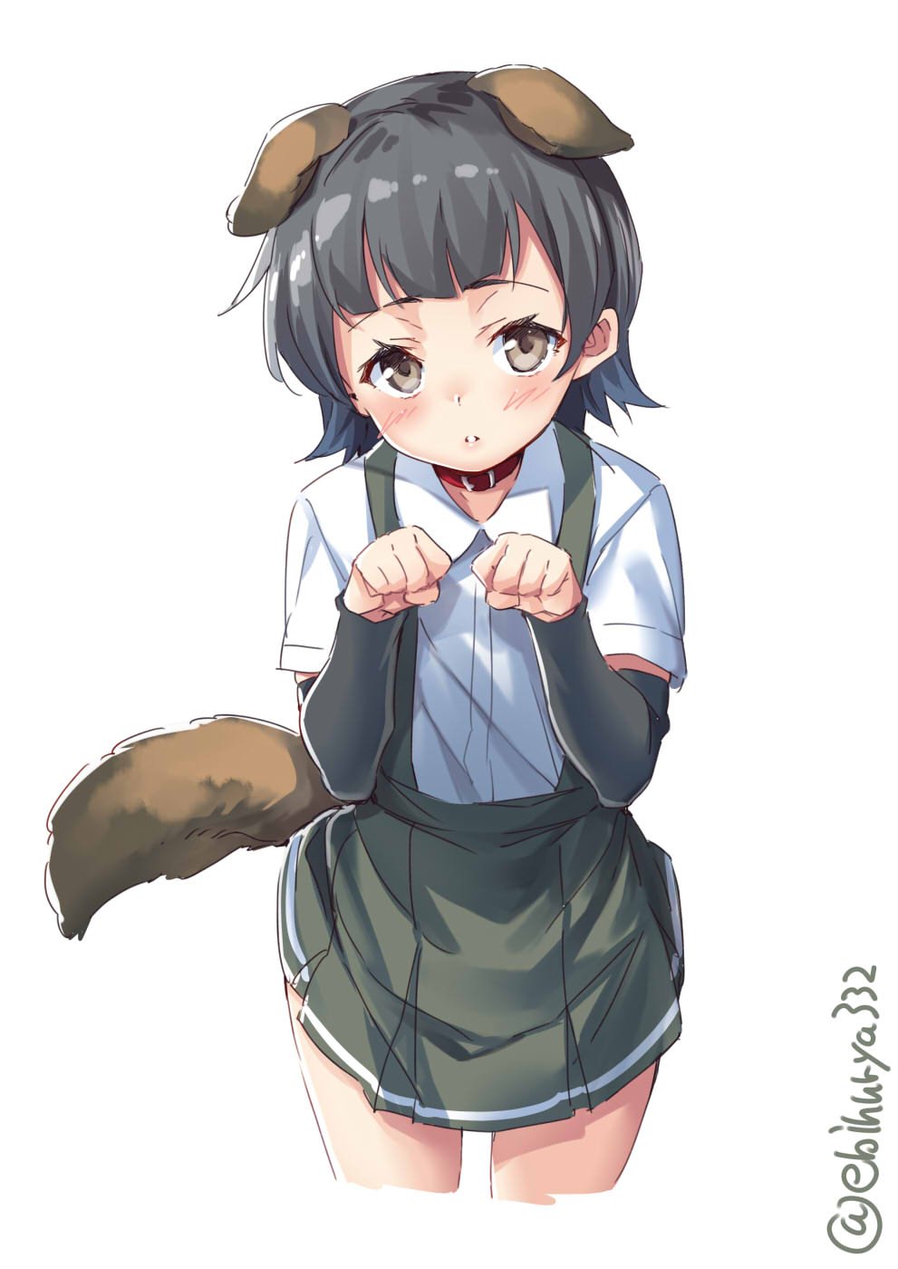 1girl animal_ears arare_(kancolle) black_hair blush brown_eyes closed_mouth dog_ears ebifurya female_focus highres kantai_collection looking_at_viewer paw_pose shirt short_hair short_sleeves simple_background skirt solo suspenders white_background white_shirt