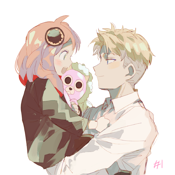 1boy 1girl 1other anya_(spy_x_family) black_shirt blonde_hair carrying carrying_person child director_chimera_(spy_x_family) dress eye_contact father_and_daughter hairpods holding looking_at_another medium_hair open_mouth pink_hair profile senzzang shirt simple_background smile spy_x_family stuffed_toy twilight_(spy_x_family) undercut white_background white_shirt