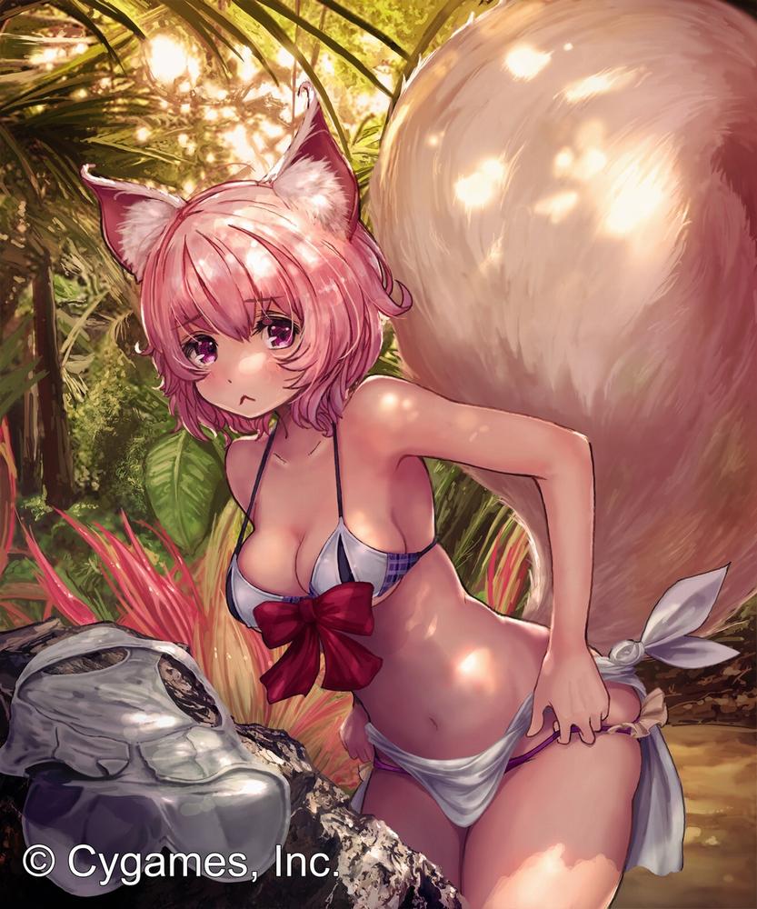 10s 1girl :&lt; animal_ears bad_id bad_twitter_id bikini bikini_pull bob_cut breasts cleavage clothes_pull dappled_sunlight female_focus fox_ears fox_tail harada_isuka jpeg_artifacts leaning_forward looking_at_viewer navel pink_eyes pink_hair sarong shingeki_no_bahamut solo strap_gap sunlight swimsuit tail undressing