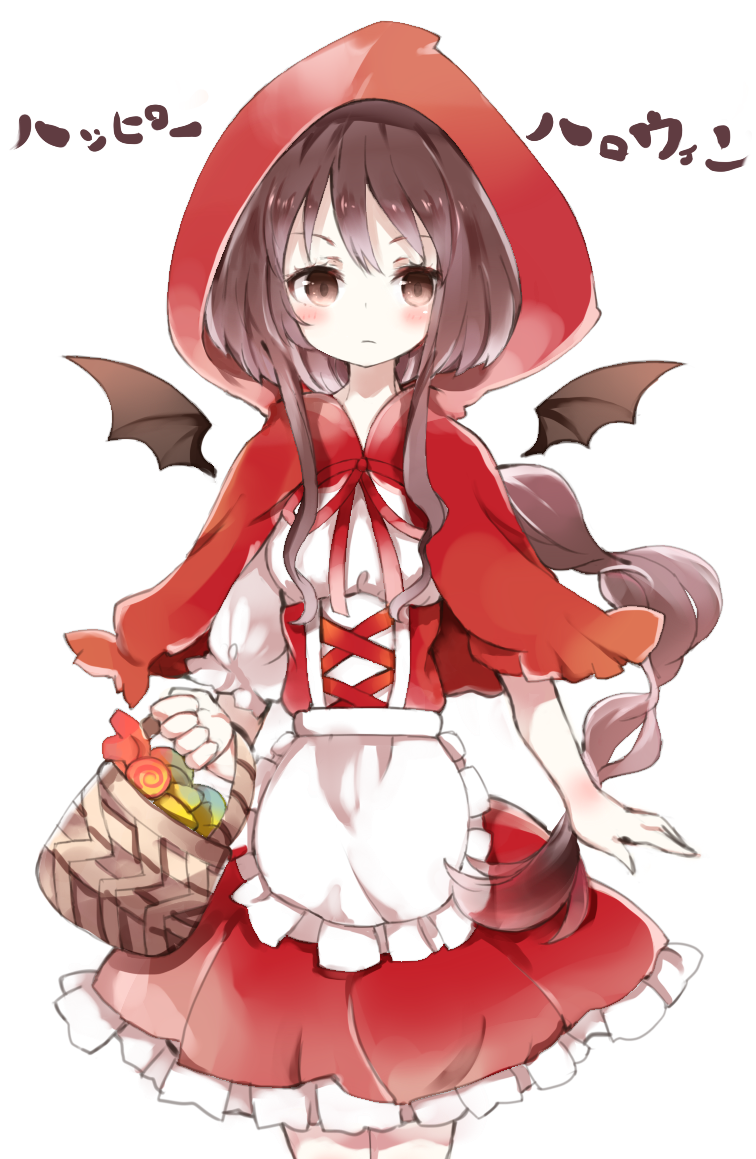 1girl basket bat_wings blush brown_eyes brown_hair cloak dress female_focus happy_halloween hood kotatu_(akaki01aoki00) little_red_riding_hood little_red_riding_hood_(grimm) long_hair looking_at_viewer simple_background solo translation_request white_background wings