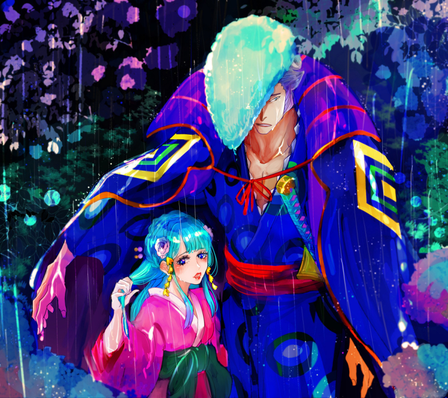 1boy 1girl blue_eyes blue_hair blunt_bangs commentary commentary_request denjirou_(one_piece) english_commentary flower hair_flower hair_ornament hair_over_one_eye harakara12 japanese_clothes katana kimono kouzuki_hiyori lips lipstick long_hair long_sideburns long_sleeves makeup mixed-language_commentary one_piece outdoors pompadour rain red_lips sideburns sword weapon