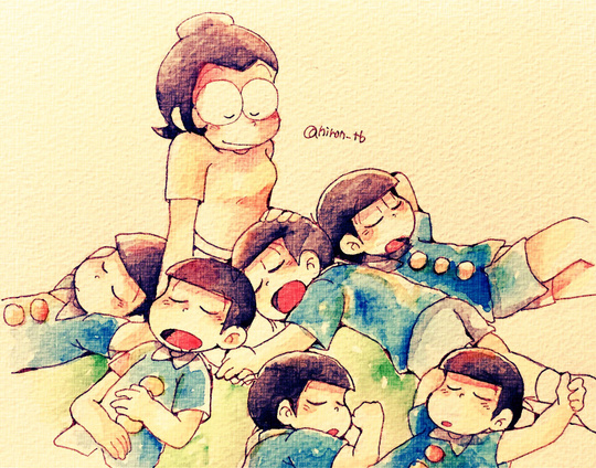 1girl 6+boys brown_hair child glasses matsuno_choromatsu matsuno_ichimatsu matsuno_jyushimatsu matsuno_karamatsu matsuno_matsuyo matsuno_osomatsu matsuno_todomatsu mother_and_son multiple_boys oekaki osomatsu-kun osomatsu_(series) painting_(medium) shorts sleeping traditional_media tsubuta_hiro twitter_username watercolor_(medium) wing_collar