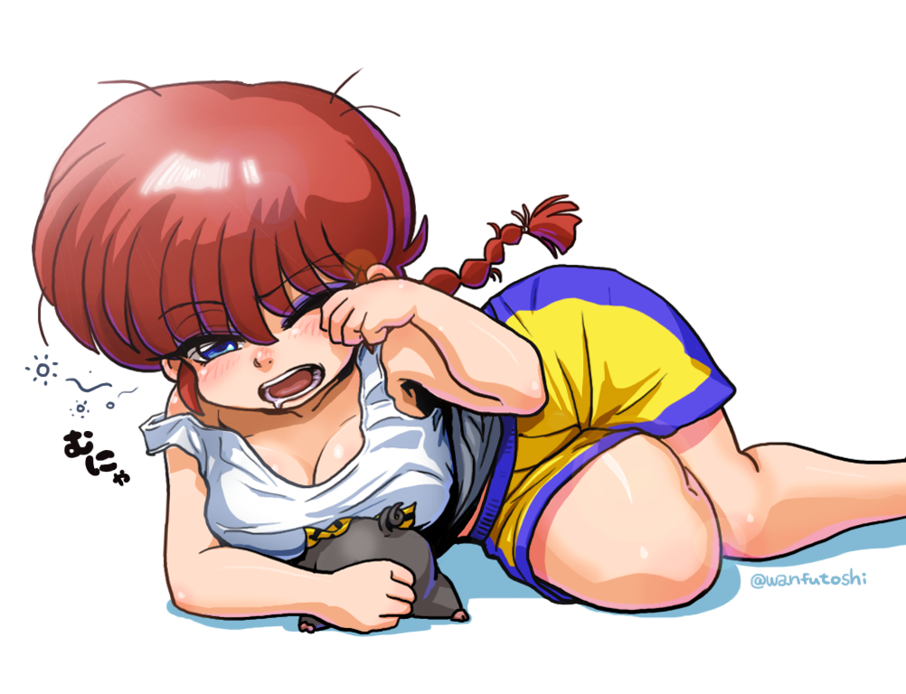 1boy 1girl animal blouse blue_eyes blush braid breasts brown_hair cleavage full_body genderswap genderswap_(mtf) hibiki_ryouga lying medium_breasts on_side one_eye_closed open_mouth p-chan pig ranma-chan ranma_1/2 saotome_ranma shirt shorts single_braid sleeveless sleeveless_shirt squeans tank_top translated waking_up wanta_(futoshi) white_background white_shirt