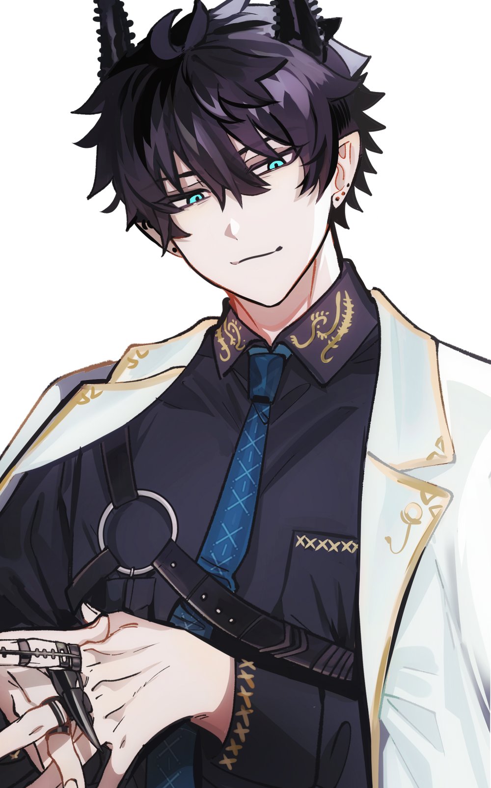 1boy :3 biiji black_hair blue_eyes demon_horns ear_piercing earrings highres horns jewelry long_sleeves looking_down male_focus nijisanji nijisanji_en piercing pointy_ears ren_zotto ren_zotto_(1st_costume) ring short_hair solo virtual_youtuber white_background