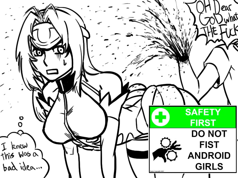 00s 1boy 1girl 4chan amputee android bare_shoulders bb_(baalbuddy) bent_over blood blood_splatter breasts cyborg drawfag english_text fisting forehead_protector guro headgear hetero kos-mos large_breasts long_hair meme monochrome profanity public_service_announcement simple_background speech_bubble thighhighs thought_bubble white_background xenosaga