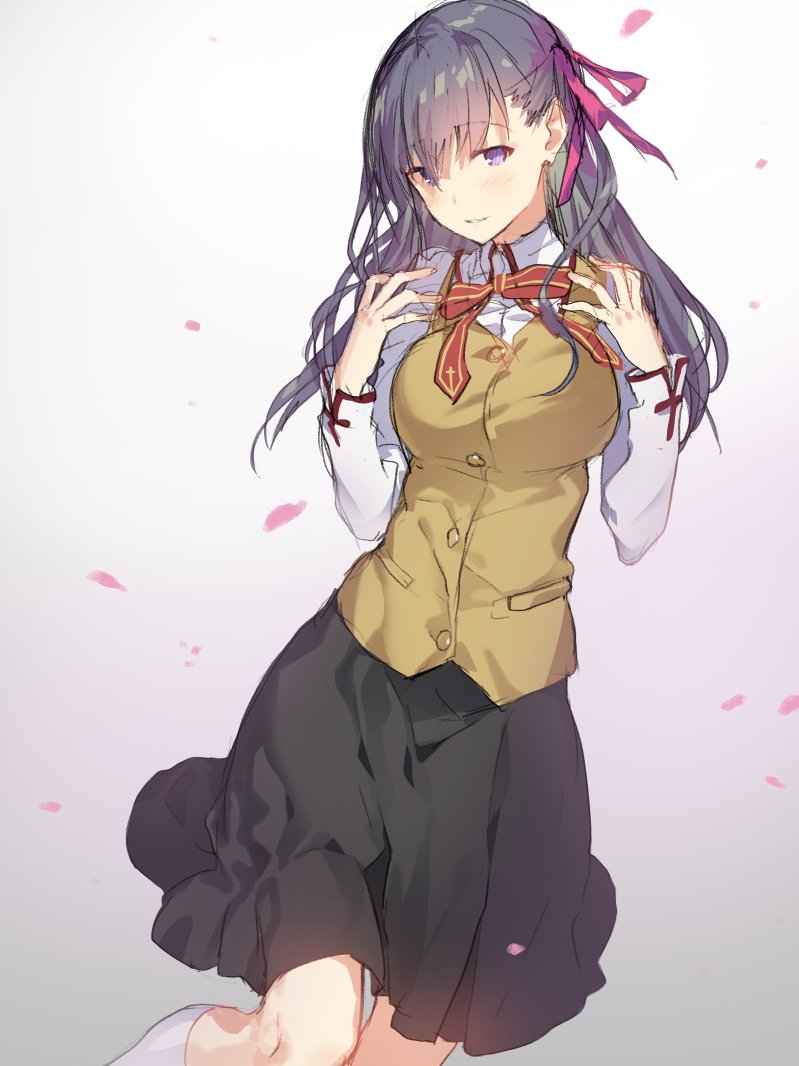 1girl akinashi_yuu asymmetrical_bangs blouse breasts fate/stay_night fate_(series) gradient_background hair_ribbon homurabara_academy_school_uniform kneehighs large_breasts matou_sakura purple_eyes purple_hair ribbon school_uniform shirt skirt socks vest white_shirt white_socks