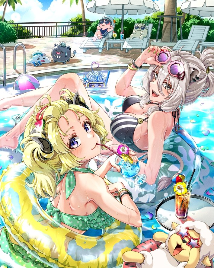 3girls adapted_costume alternate_costume alternate_hairstyle animal_ears ball barefoot beachball bikini black_bikini blonde_hair blush breasts buru-dai drinking drinking_straw eyewear_on_head frilled_bikini frills green_bikini grey_hair hololive horns large_breasts lion_ears lion_girl looking_at_viewer multiple_girls on_innertube open_mouth polka_dot polka_dot_bikini ponytail pool sheep_horns shishiro_botan shishiro_botan_(1st_costume) ssrb_(shishiro_botan) summer swimsuit tropical_drink tsunomaki_watame twintails virtual_youtuber watamate yukihana_lamy yukimin_(yukihana_lamy)