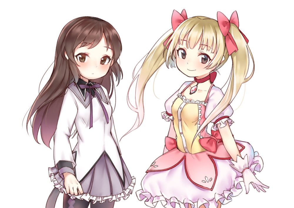 2girls akemi_homura akemi_homura_(cosplay) akemi_homura_(magical_girl) black_pantyhose blonde_hair blush bow breasts brown_eyes brown_hair choker closed_mouth collarbone cosplay cowboy_shot dot_nose dress dress_bow frilled_dress frilled_skirt frills gloves grey_skirt hair_bow idolmaster idolmaster_cinderella_girls idolmaster_cinderella_girls_starlight_stage kaname_madoka kaname_madoka_(cosplay) kaname_madoka_(magical_girl) long_hair long_sleeves looking_at_viewer mahou_shoujo_madoka_magica multiple_girls neck_ribbon pantyhose pink_bow pink_dress pink_ribbon pleated_skirt purple_ribbon red_choker ribbon shirt short_sleeves simple_background skirt small_breasts smile soul_gem standing sunege_(hp0715) tachibana_arisu twintails white_background white_gloves white_shirt yokoyama_chika