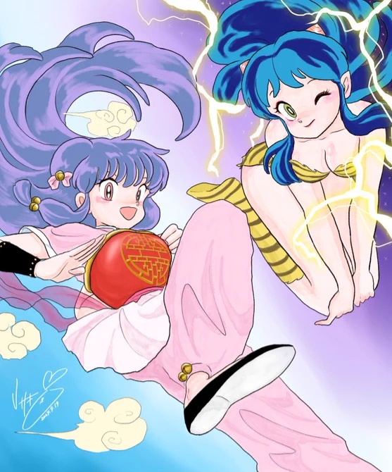 2girls blue_hair chinese_clothes lum multiple_girls purple_hair ranma_1/2 shampoo_(ranma_1/2) urusei_yatsura